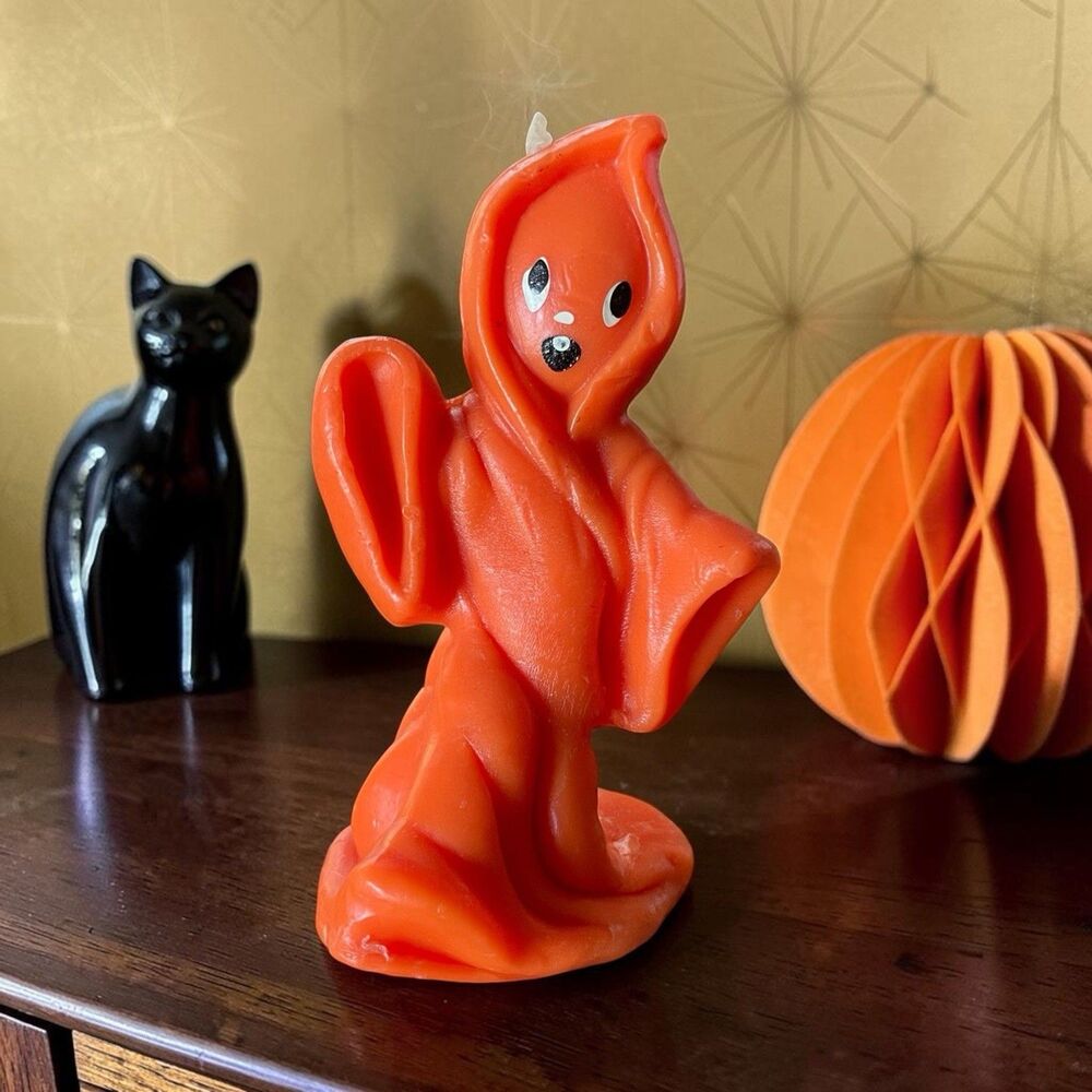 Vintage MCM Gurley 49 Cents Halloween Candle Orange Walking Ghost 5” Unlit